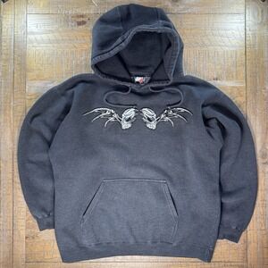 VTG Y2K Top Heavy Hoodie Sz L Faded Black Winged Skulls Jesse Pinkman JNCO Style